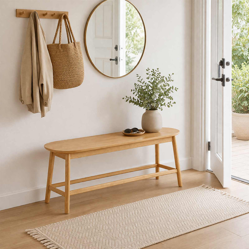 Wooden bench with rounded edges and support rail