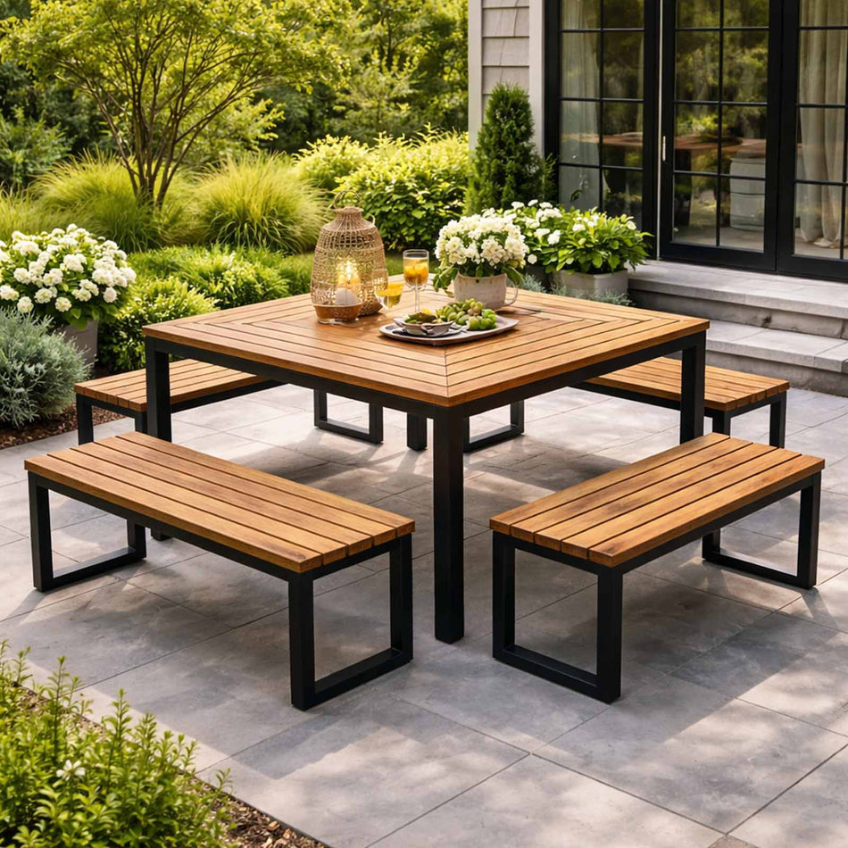 Modern slatted wooden bench with metal frame