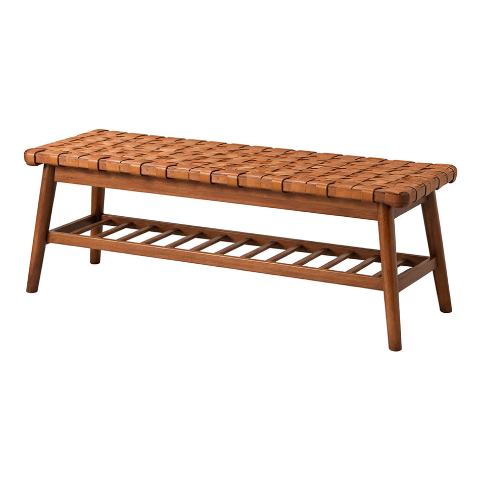 Woven seat bench with lower shelf