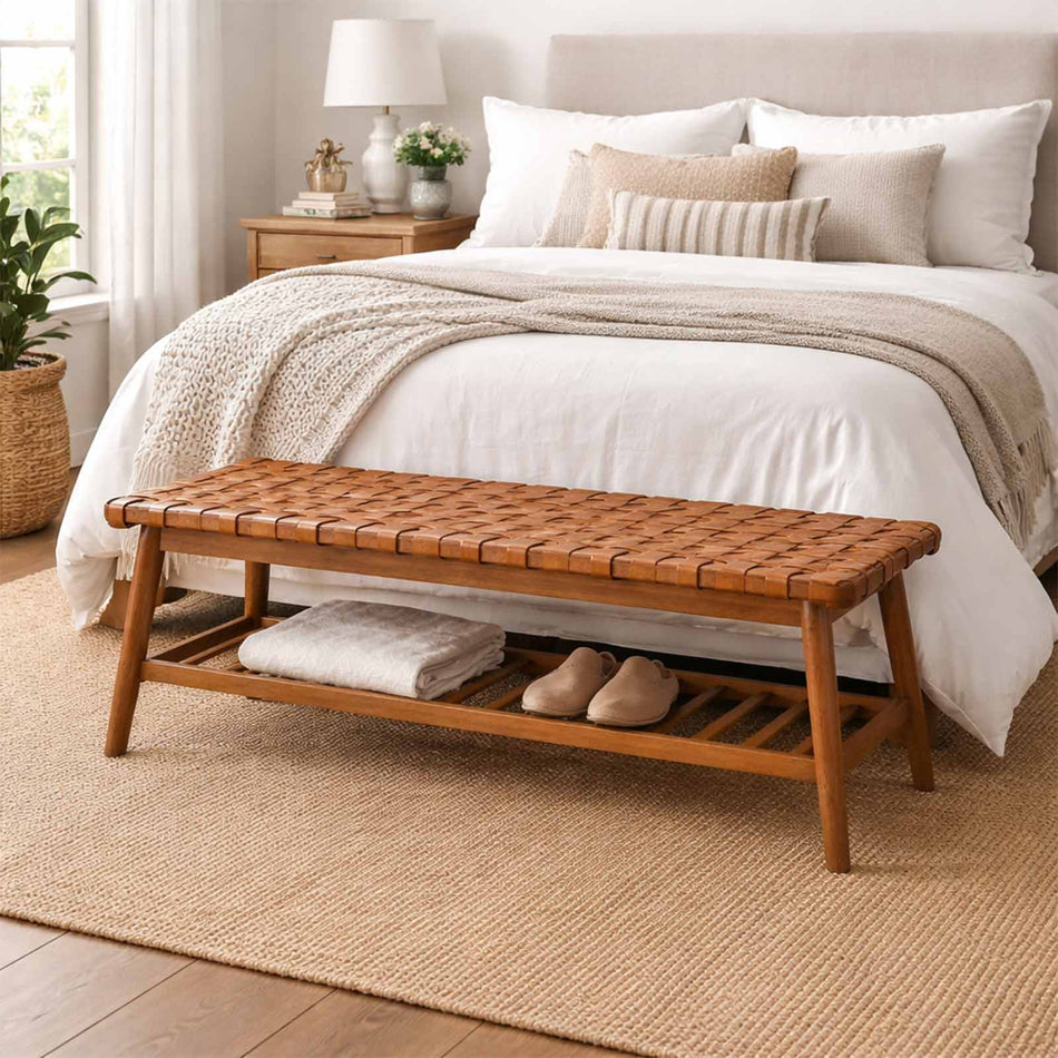 Woven seat bench with lower shelf