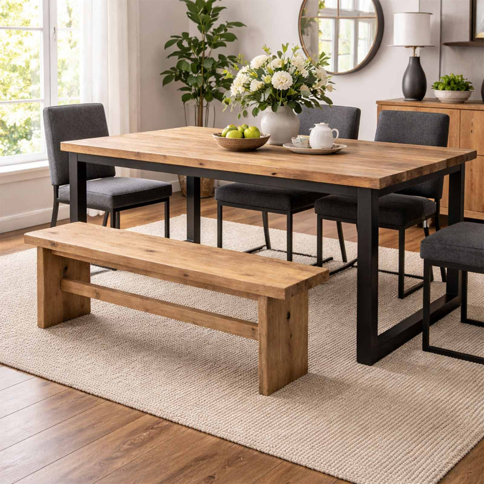 Rustic solid wood bench with support rail