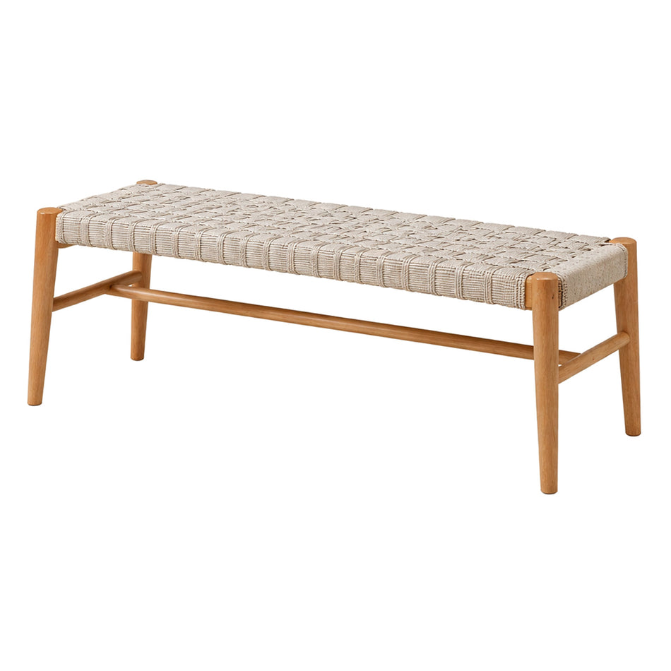 Woven cord seat wooden bench with tapered legs