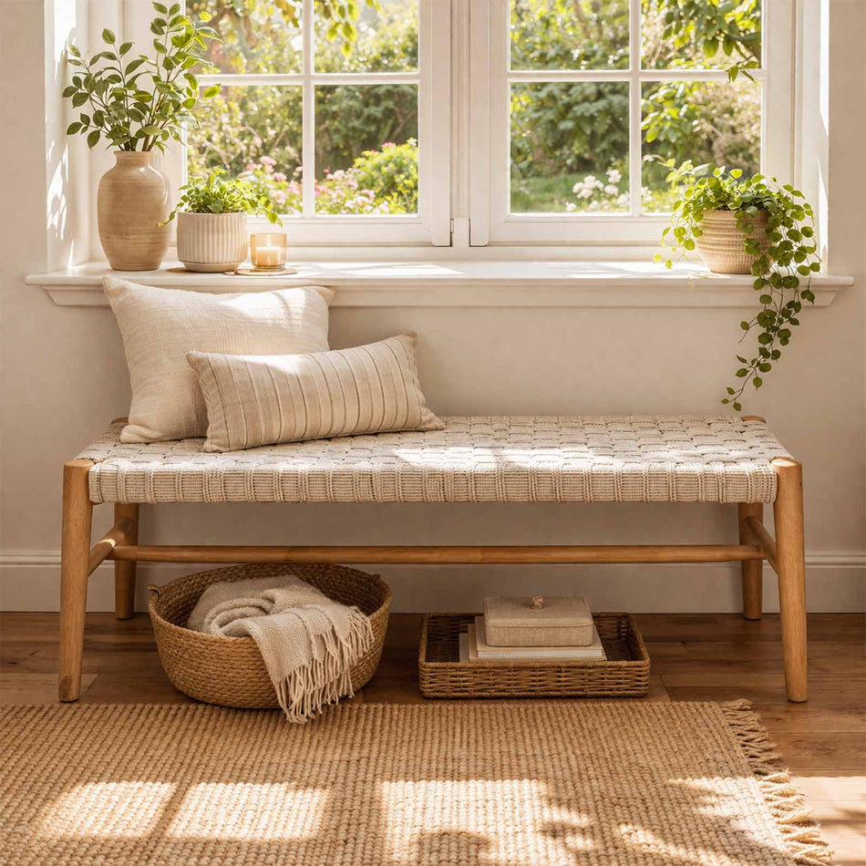 Woven cord seat wooden bench with tapered legs