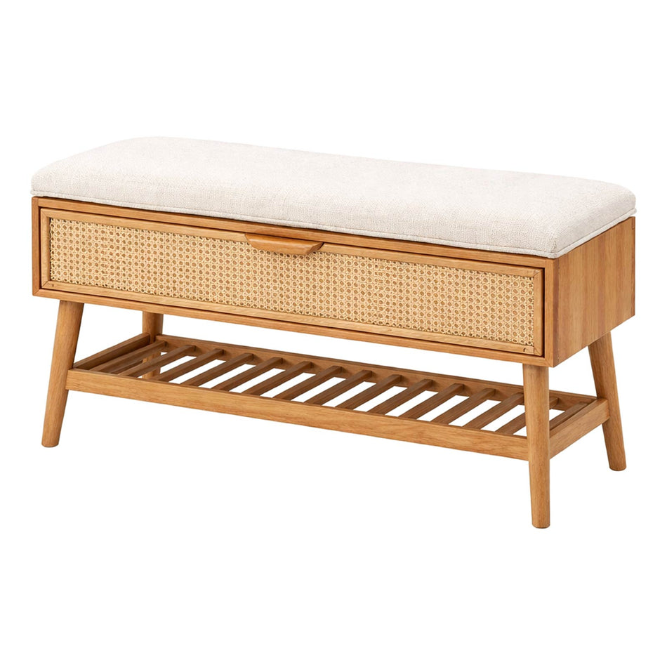 Cushioned storage bench with woven front panel
