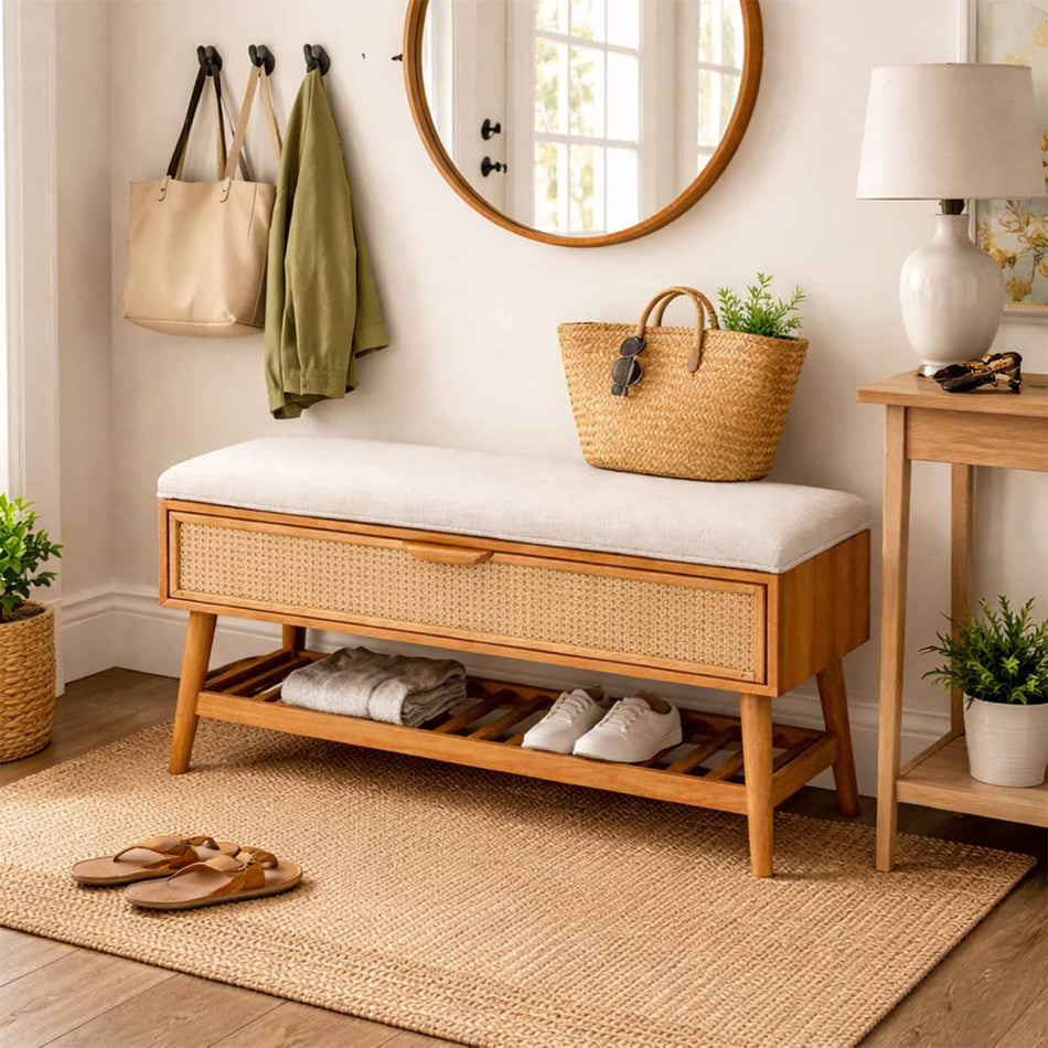 Cushioned storage bench with woven front panel
