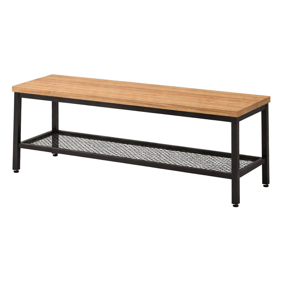 Industrial wooden bench with metal frame and mesh shelf
