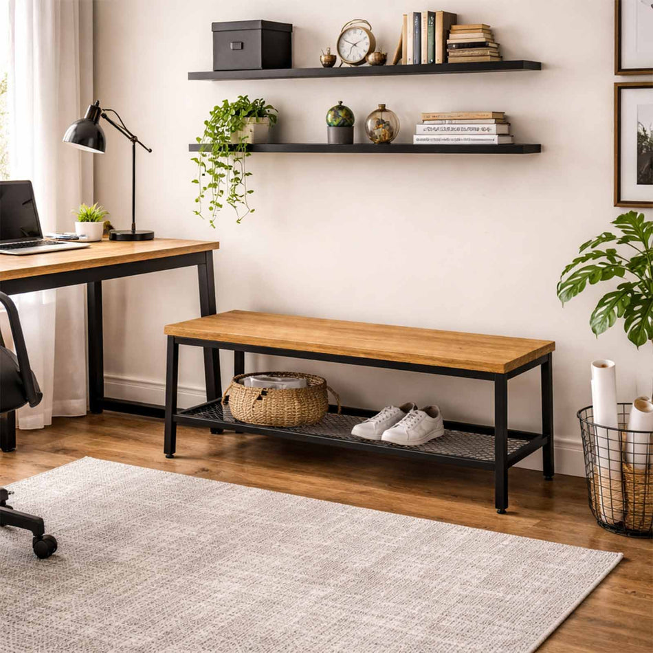 Industrial wooden bench with metal frame and mesh shelf
