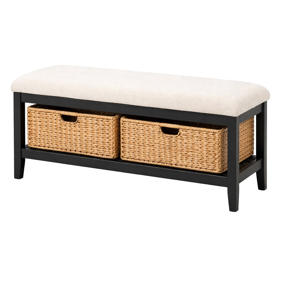 Upholstered storage bench with woven basket compartments