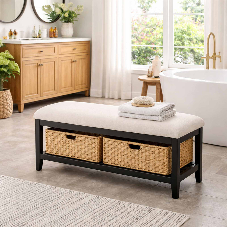 Upholstered storage bench with woven basket compartments