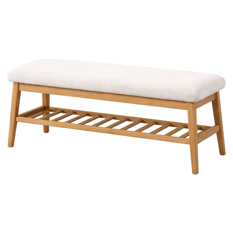 Padded wooden bench with slatted shelf