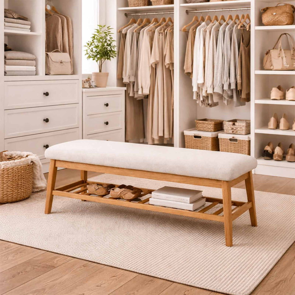 Padded wooden bench with slatted shelf