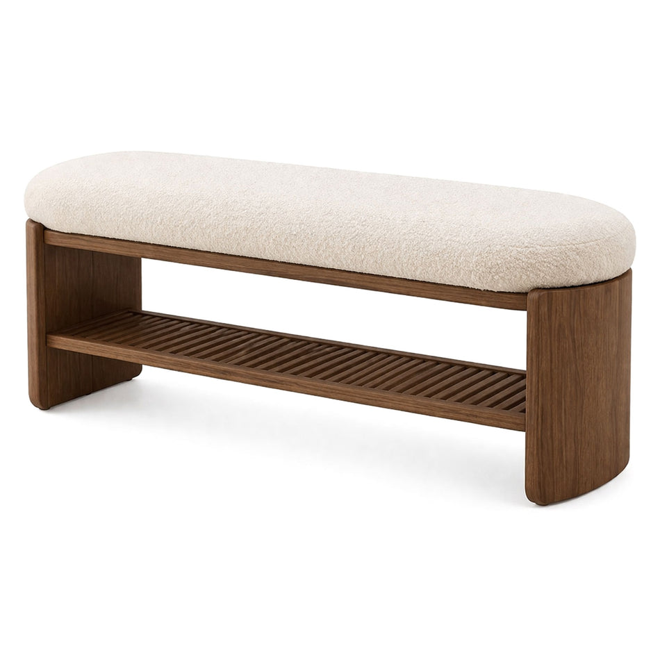 Soft-cushioned wooden bench with open shelf