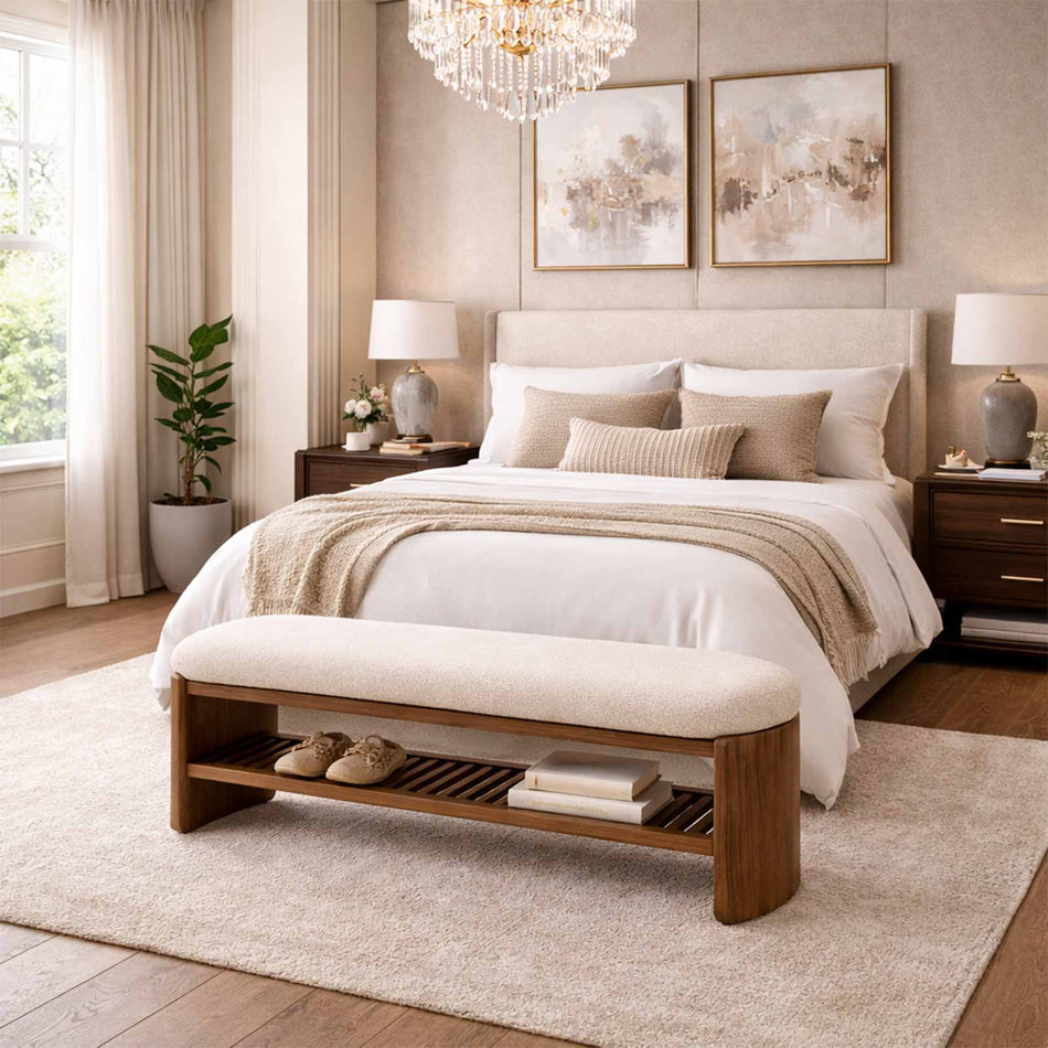 Soft-cushioned wooden bench with open shelf