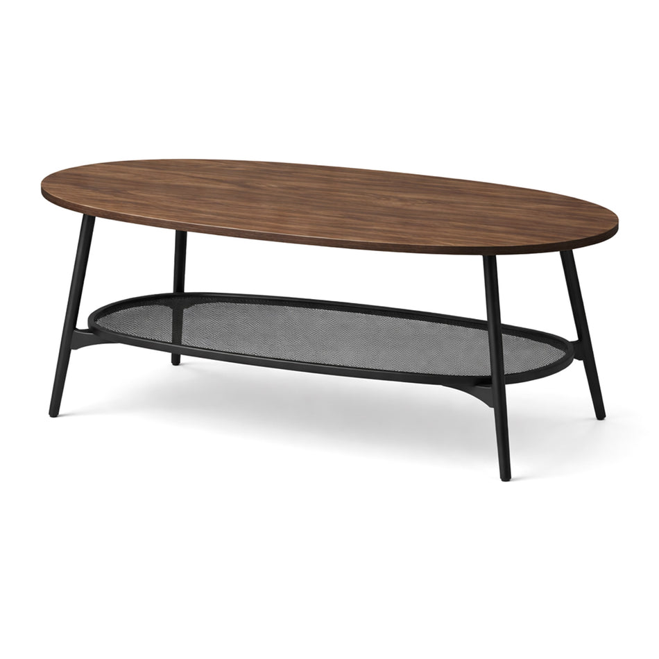 Oval coffee table with metal frame & mesh shelf
