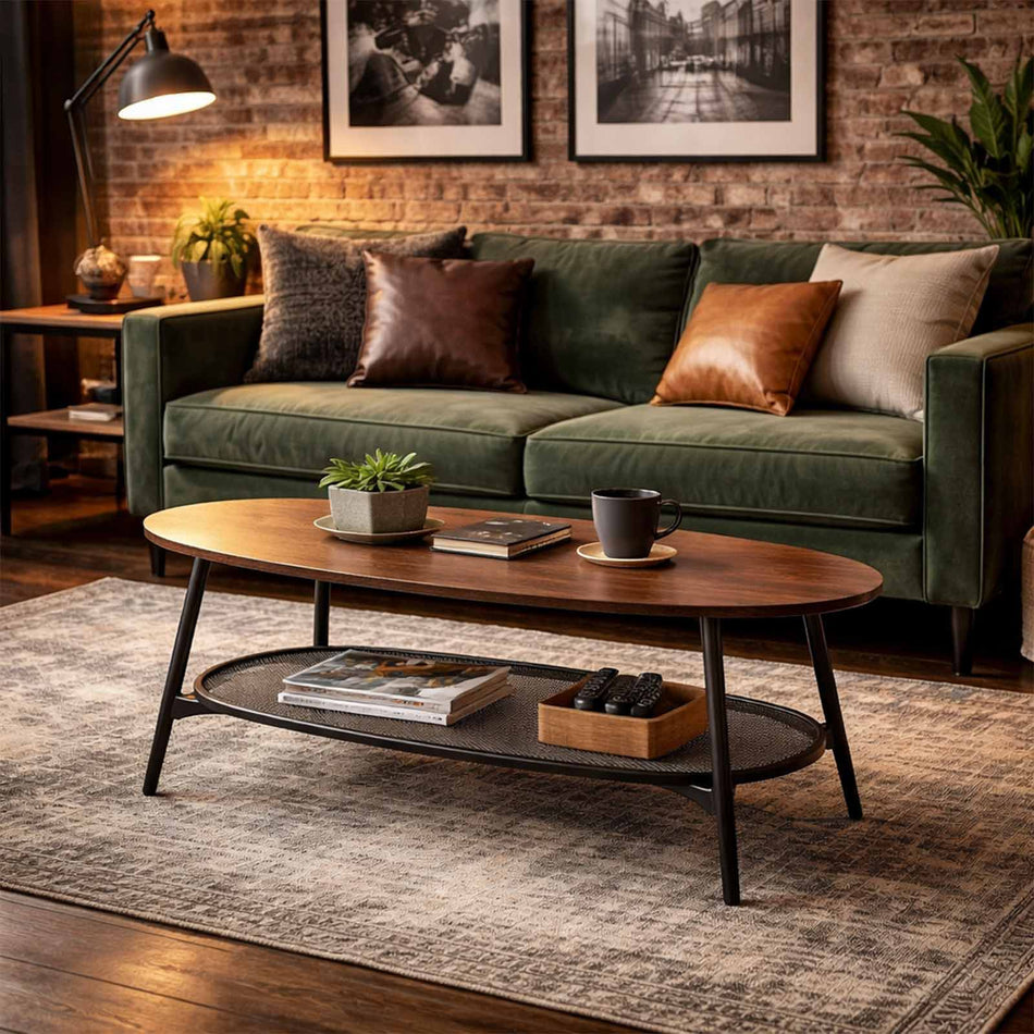 Oval coffee table with metal frame & mesh shelf