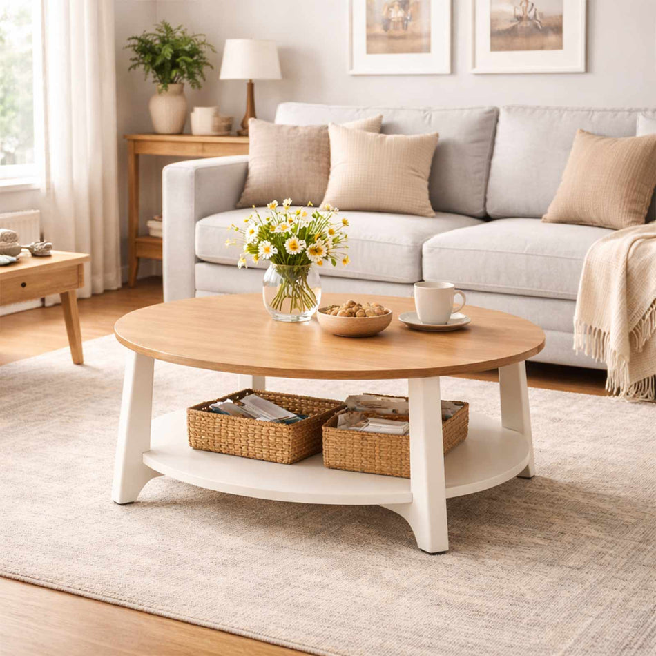Round coffee table with lower shelf