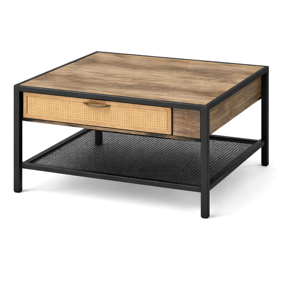 Square coffee table with drawer & mesh shelf