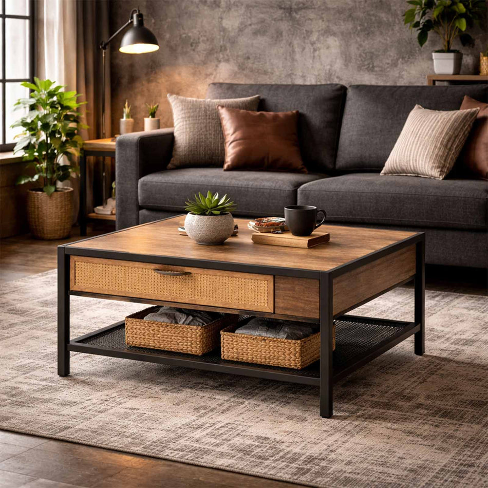 Square coffee table with drawer & mesh shelf