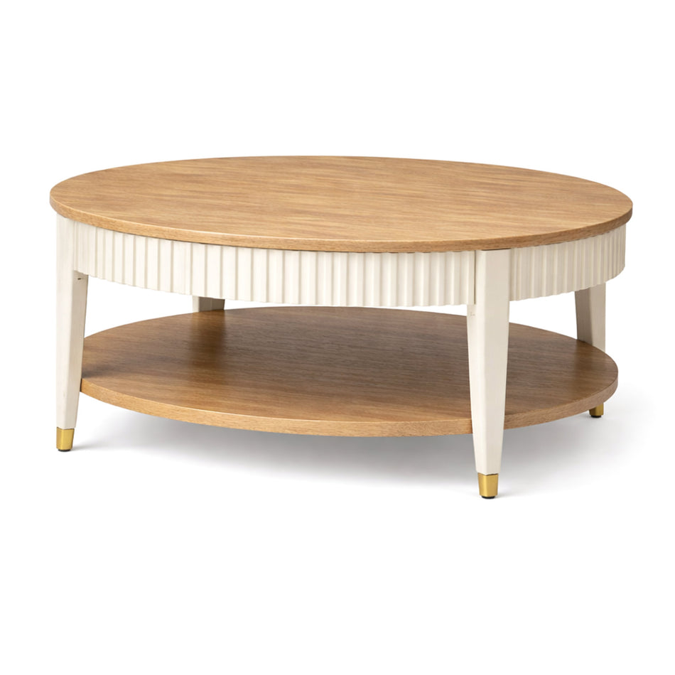 Round coffee table with textured frame & shelf