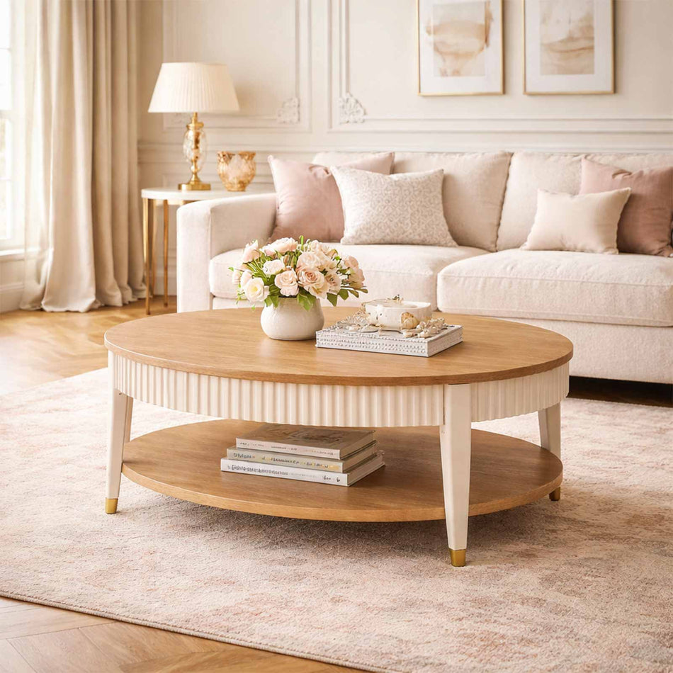 Round coffee table with textured frame & shelf