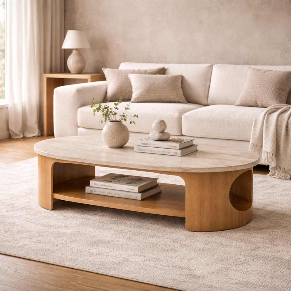 Oval coffee table with open shelf