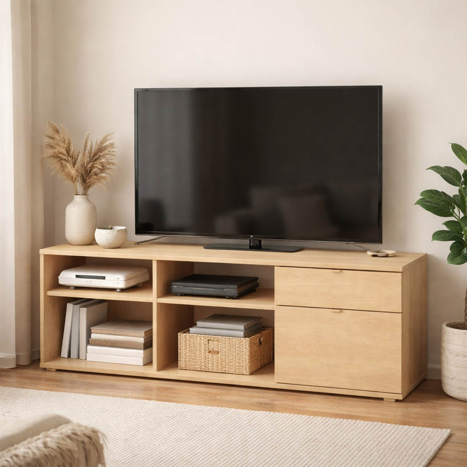 Open shelf TV media unit with drawer storage