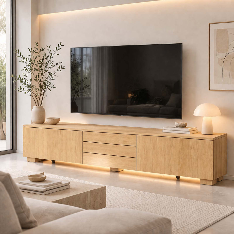 Wide storage TV unit with central drawers