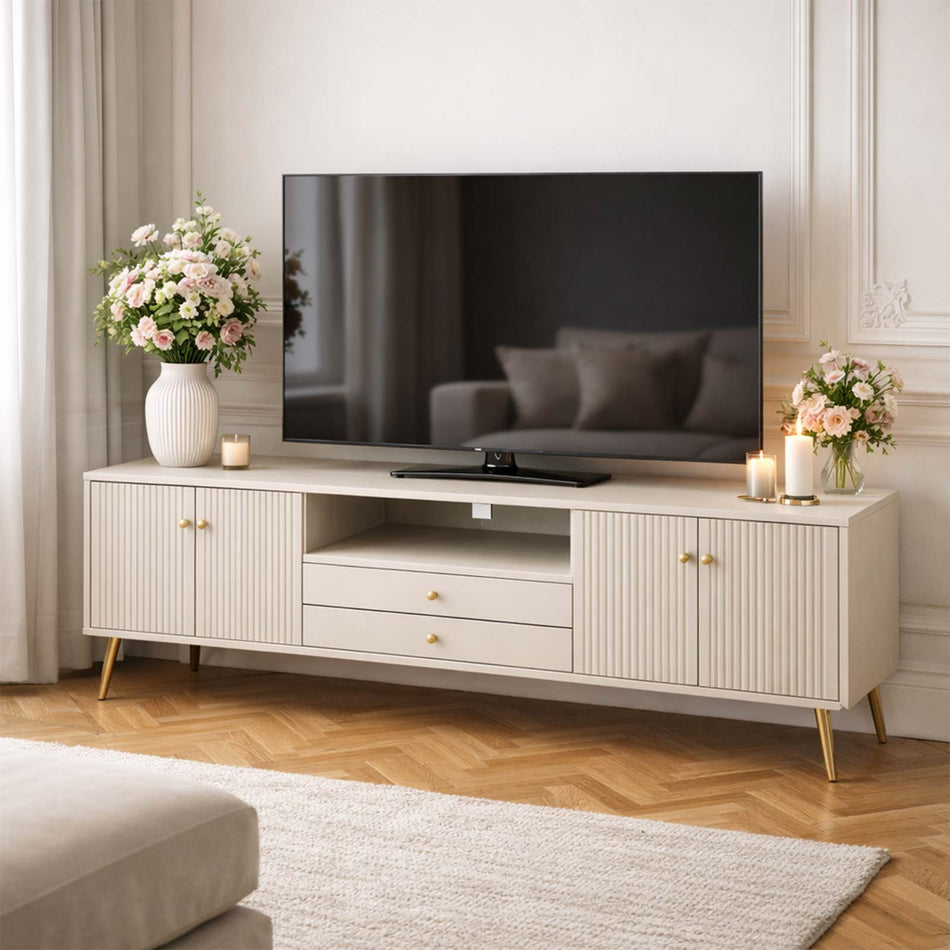 Modern textured TV unit with gold accents