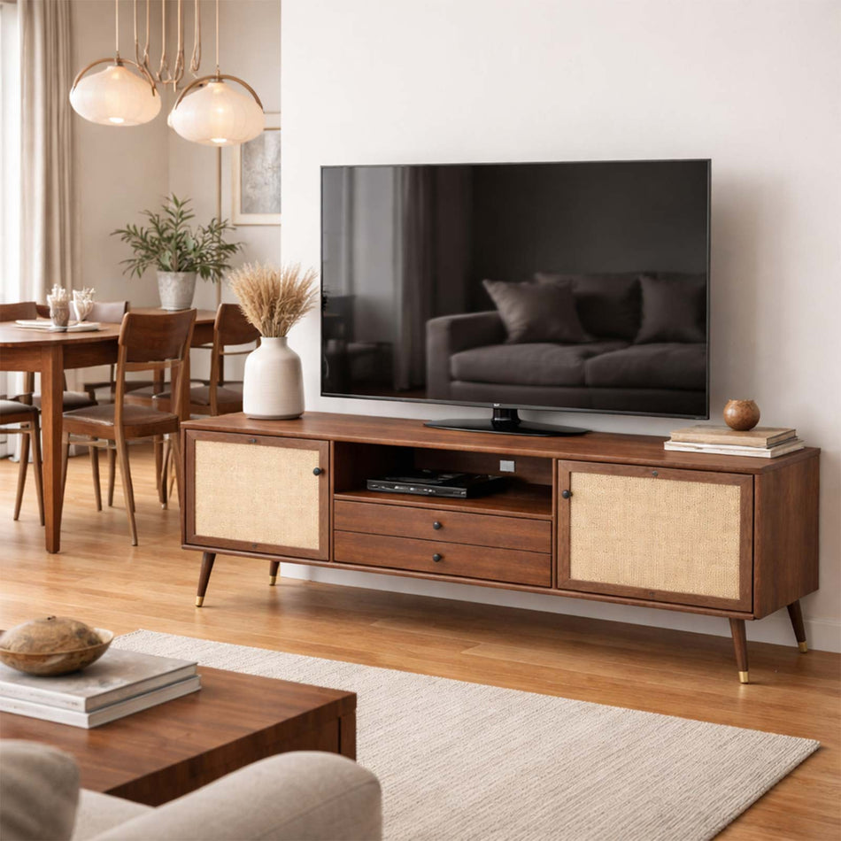 Cane panel media unit with drawer storage
