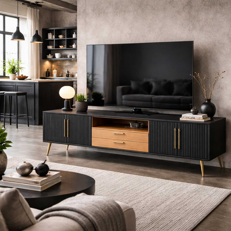 Textured front TV console with brass details