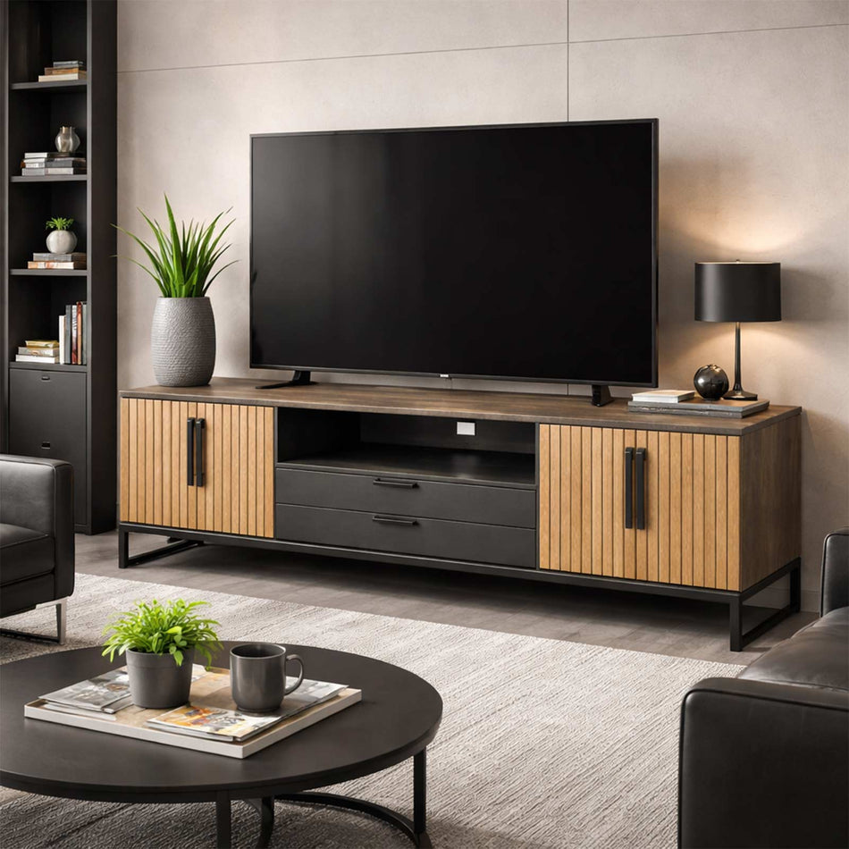 Industrial style TV unit with slatted doors