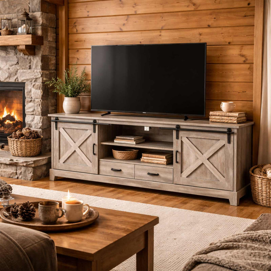 Sliding barn door TV unit with storage