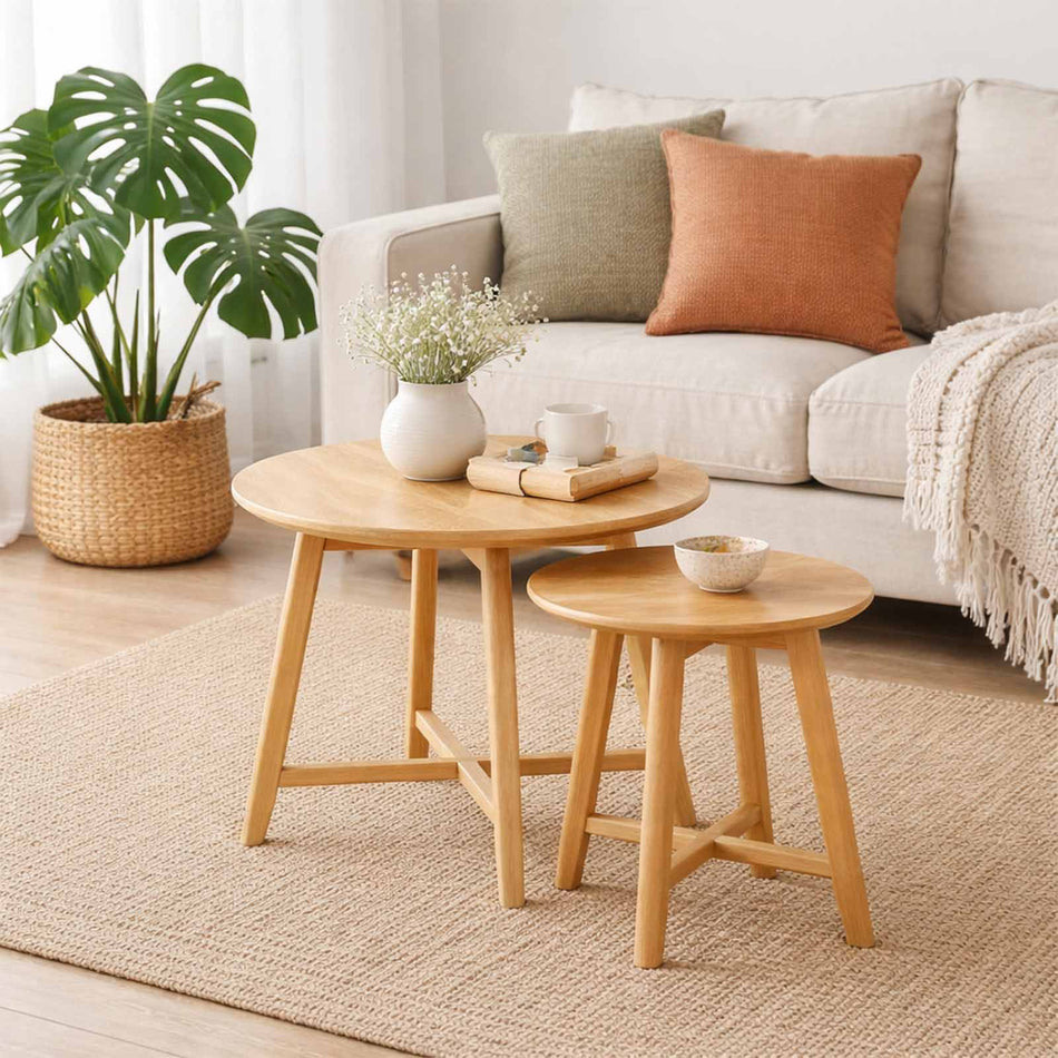 Round nesting tables set with wooden frame