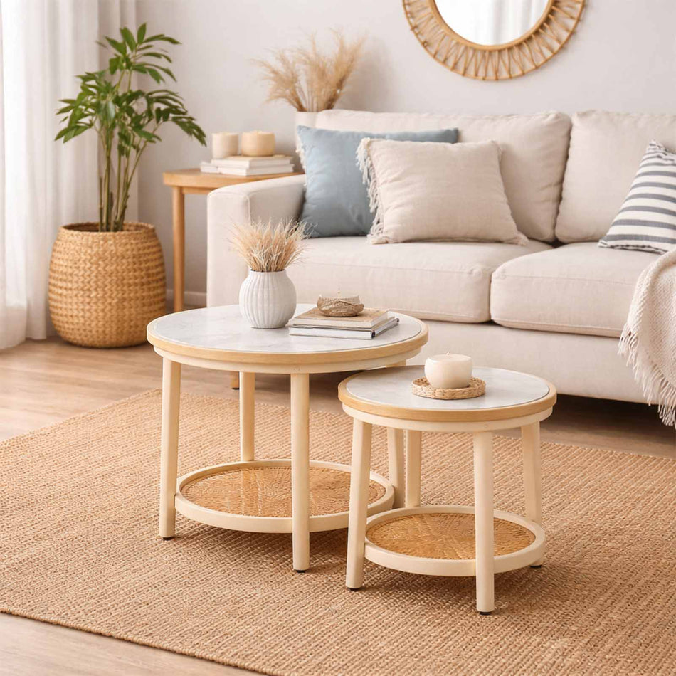 Nesting tables with tray top & lower shelf