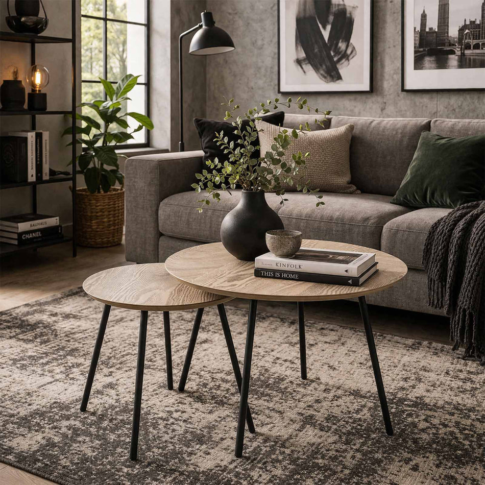Nesting tables with round tops & slim legs