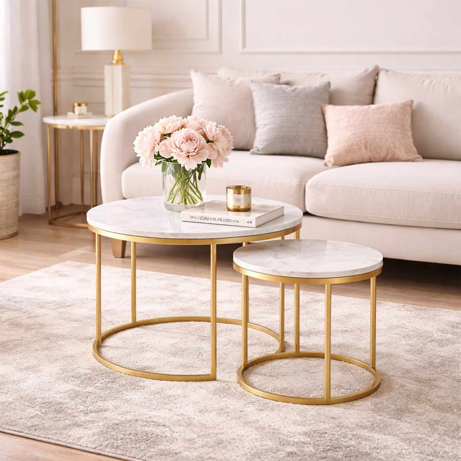 Nesting tables with marble effect top & gold frame