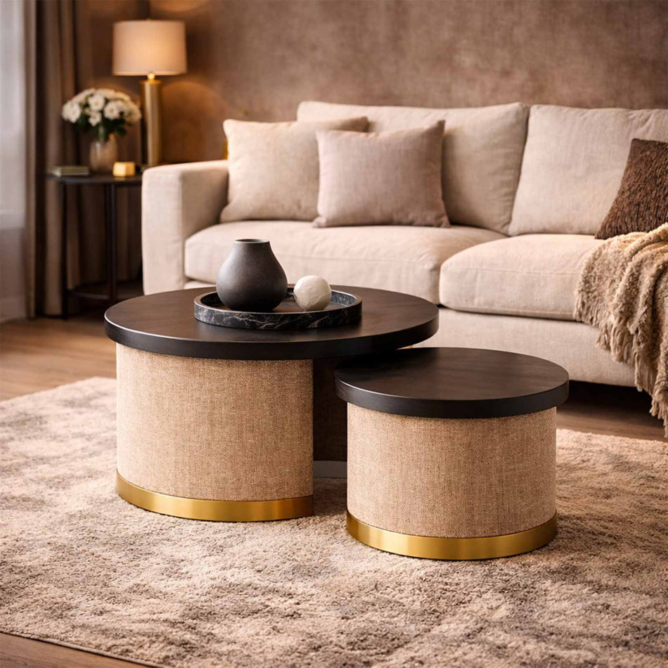 Upholstered nesting tables set with round design