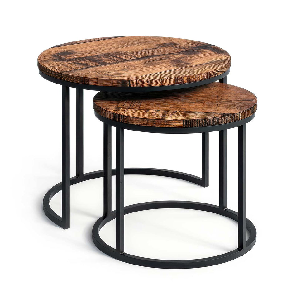 Nesting tables with rustic wood top & metal frame