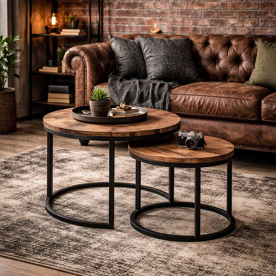 Nesting tables with rustic wood top & metal frame