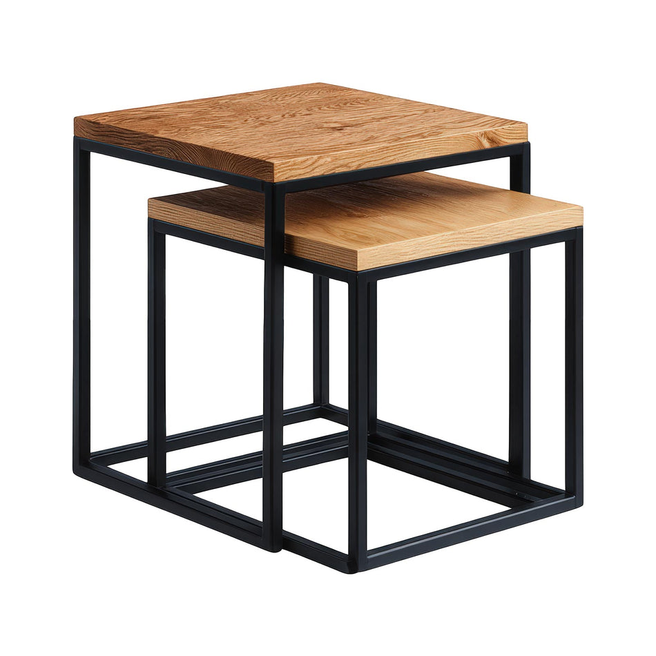 Square nesting tables with wooden top & metal base