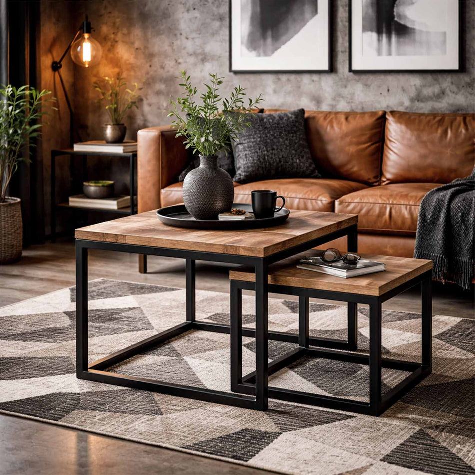 Square nesting tables with wooden top & metal base