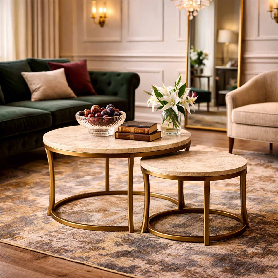 Nesting tables with stone effect top & gold frame