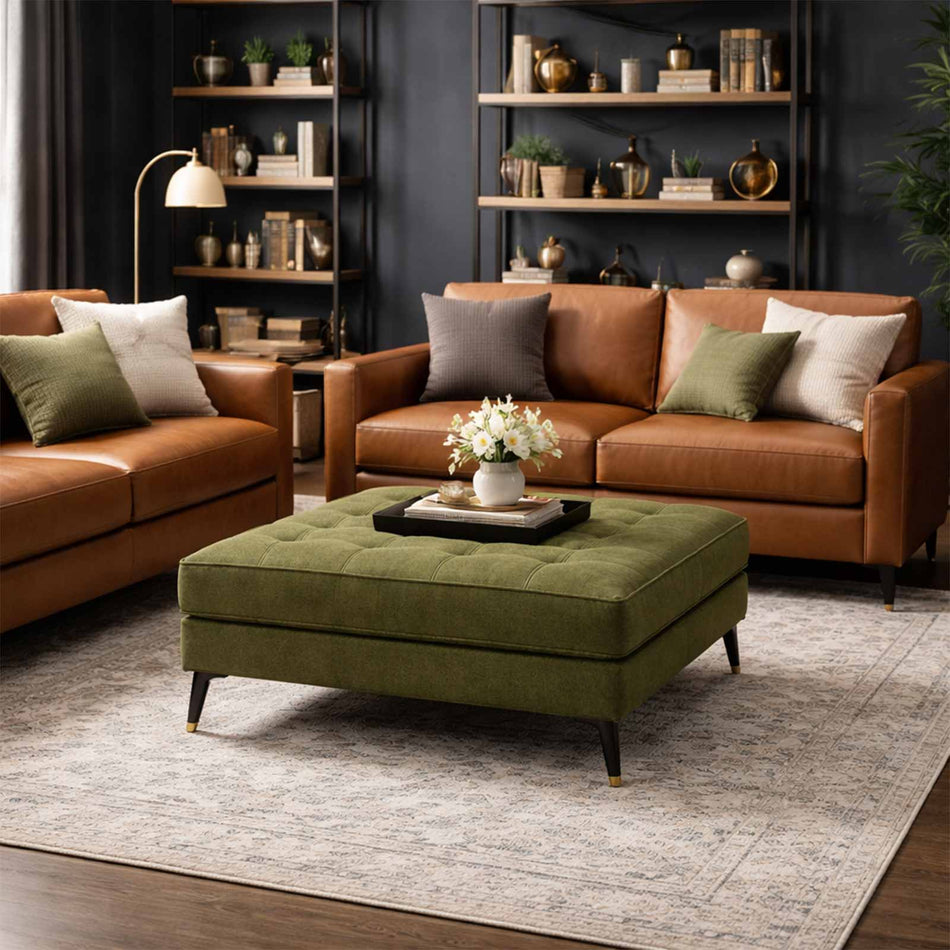 Button-tufted ottoman with elevated legs