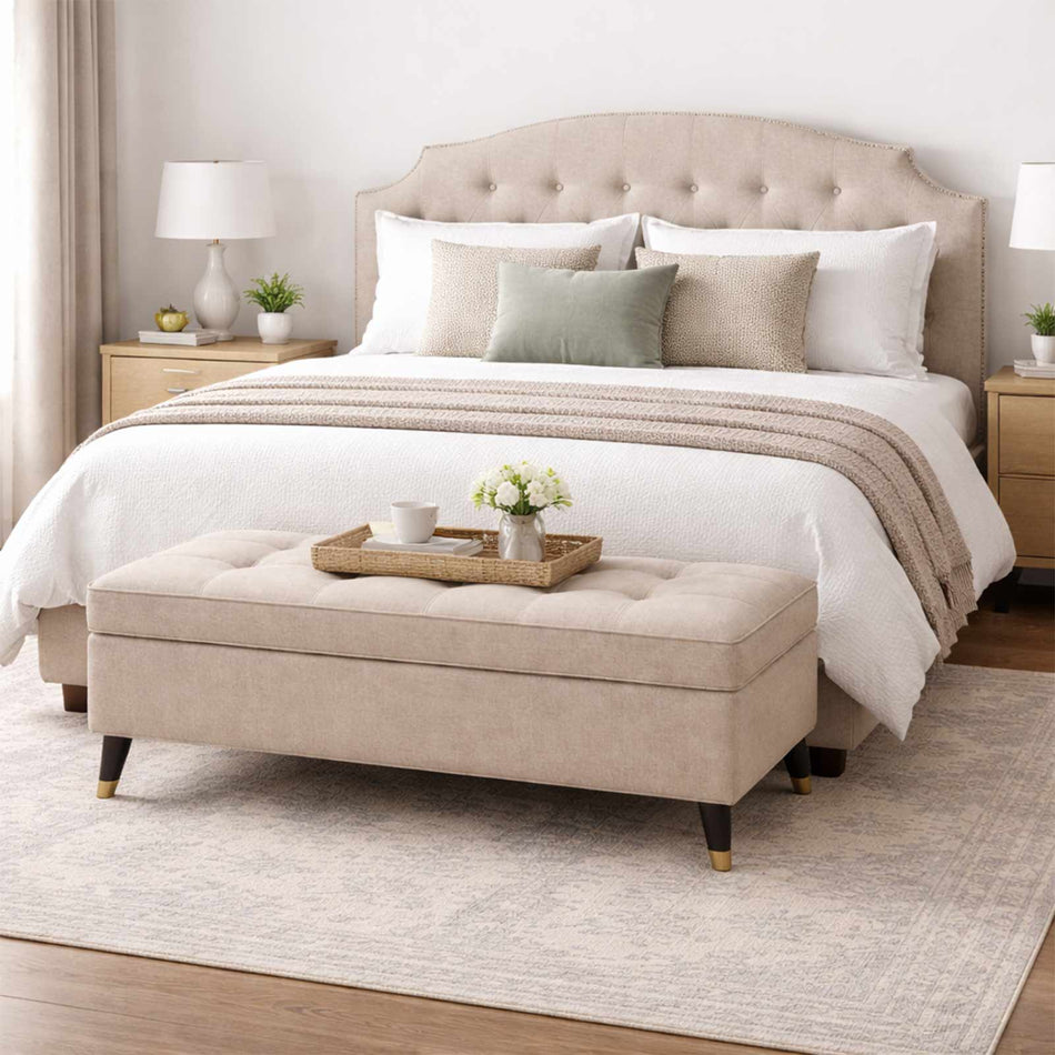 Buttoned storage ottoman bench with tapered legs