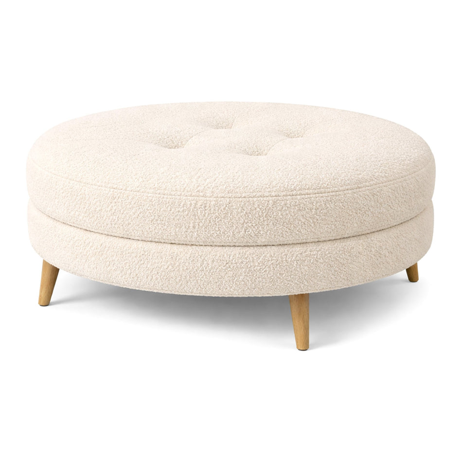 Round textured cushion ottoman with wooden legs