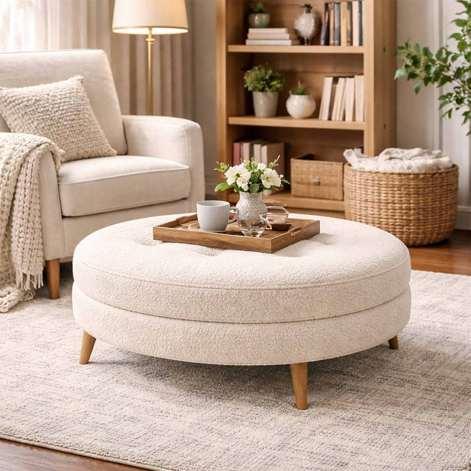 Round textured cushion ottoman with wooden legs