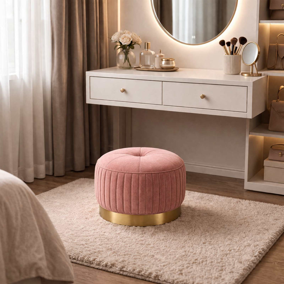 Round pleated ottoman with metal base