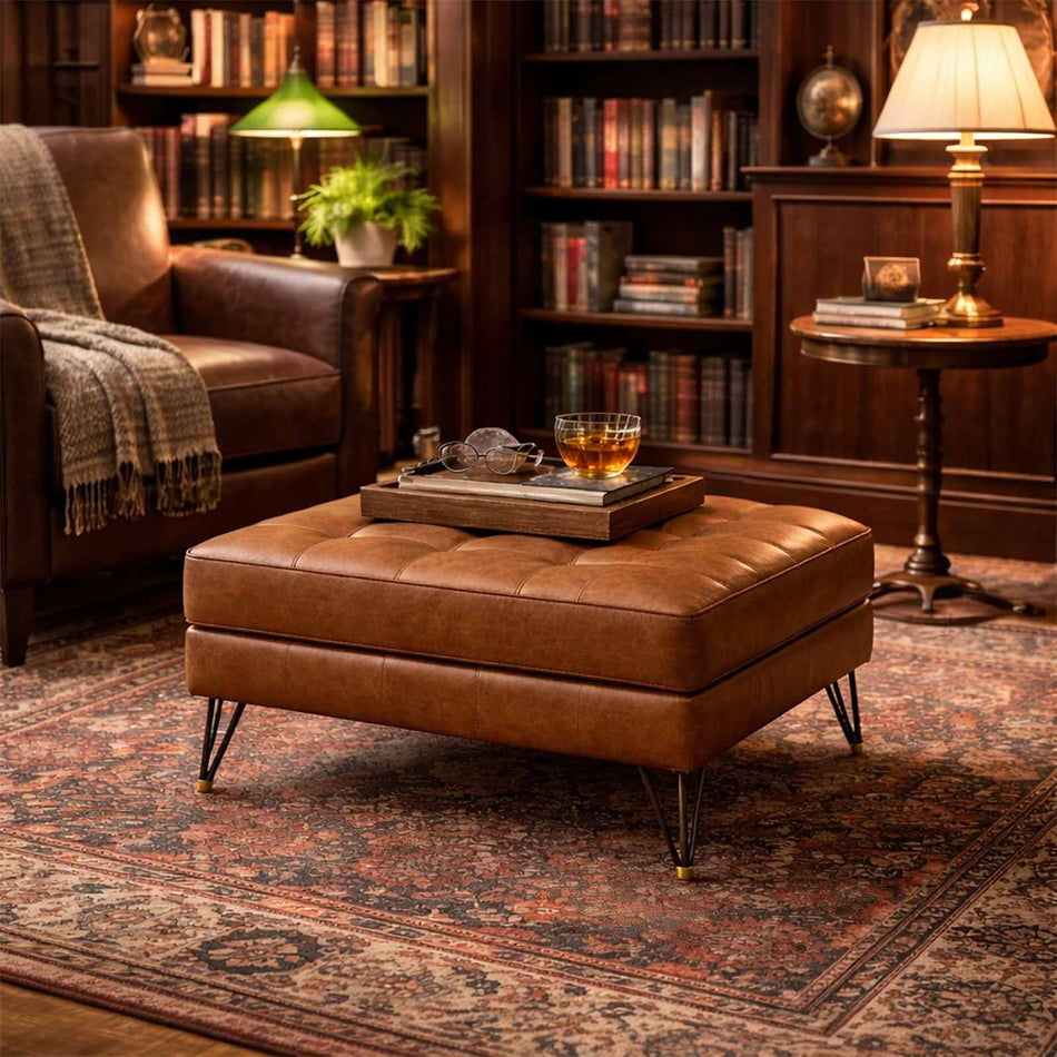Faux leather ottoman with metal legs