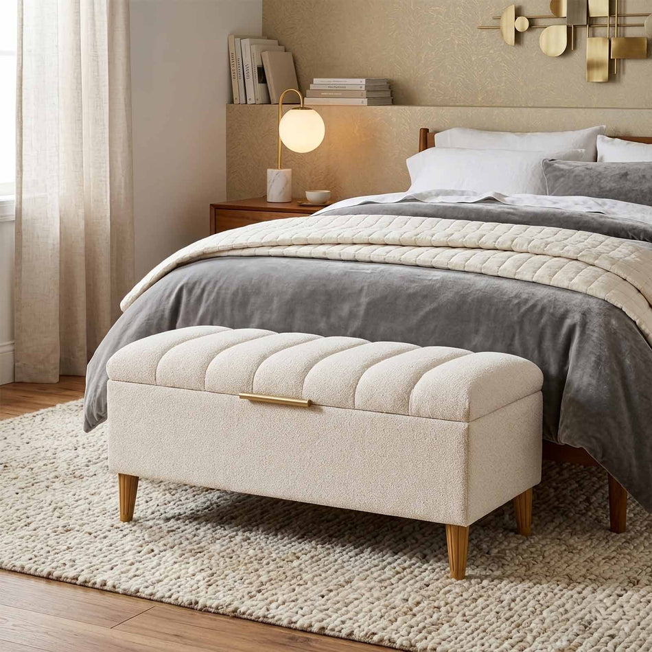 Channel-tufted storage ottoman bench with wooden legs