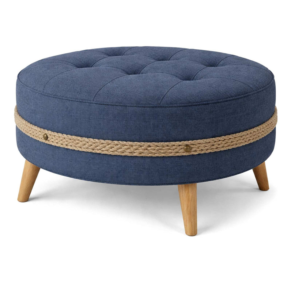 Round buttoned ottoman with rope detail & wooden legs